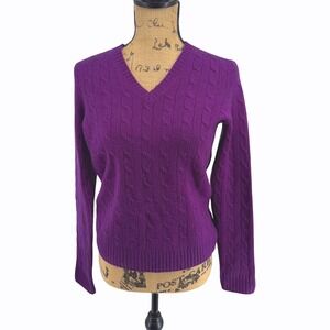 Brooks Brothers Cashmere Purple Cable-Knit V-Neck Sweater, Small.